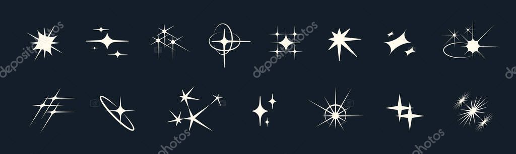 Twinkling star symbols with glitter and magic shine. Flat retro Y2K icons glowing with brilliance and simplicity. Perfect for logos, highlights, or celestial design.