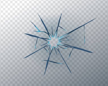Realistic broken glass texture with sharp cracks and shattered fragments. Abstract transparent background with hole and bullet impact effect. Vector design for crash or damage overlay.