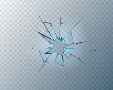 Realistic shattered glass texture with sharp cracks and bullet holes. Transparent broken window background with fracture and crash effect. Abstract 3D design for damage overlay.