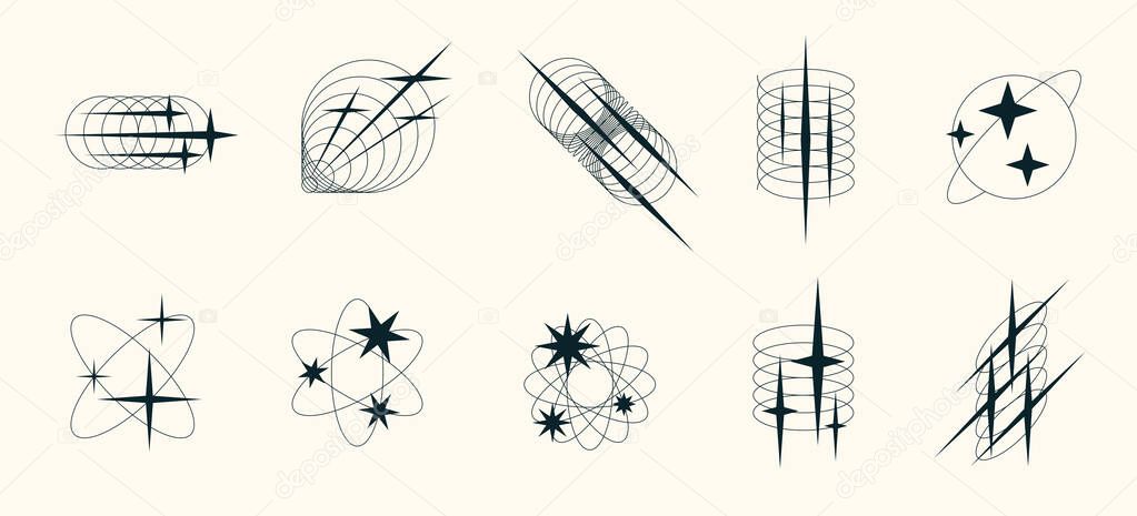 Bright starburst icons with glowing spark and glitter shine. Retro Y2K vector set with twinkle, glow, and magic light effects. Perfect for festive, abstract, or logo design themes.