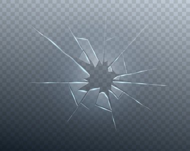 Kırık cam yüzeyi, çatlak çizgiler ve şeffaf parçalanma dokusu. Gerçekçi mermi çarpması ve enkaz parçaları. Suç, yıkım veya onarım temalı vektör tasarımı için ideal.