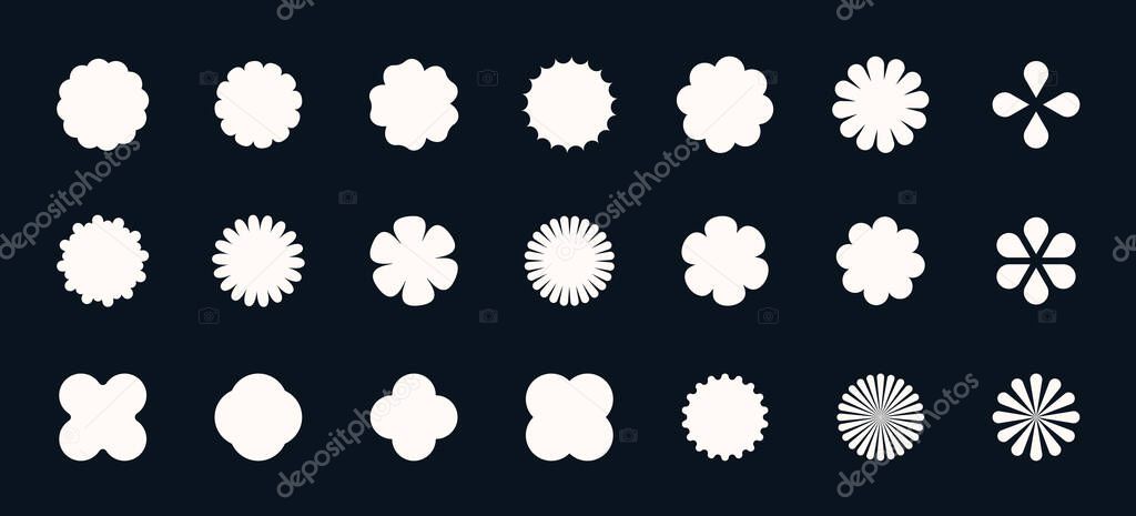 Retro Y2K star and flower icons with glowing sparkles and shiny burst effects. Minimal geometric shapes and glitter accents create a bright festive look. Perfect for modern vector design.