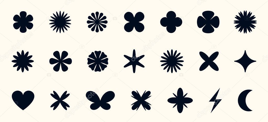 Y2K sparkle set with stars, hearts, and butterflies glowing in retro light. Shiny glitter icons and abstract bursts create a dreamy nostalgic design for posters or stickers.