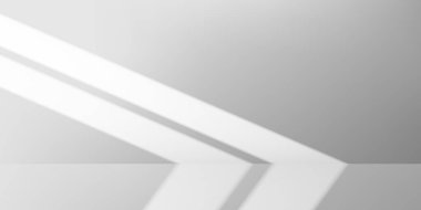 Gerçekçi güneş ışığı beyaz boş oda duvarlarına yumuşak pencere gölgeleri düşürür. 3D podyum ve güneş ışığı efektiyle minimum stüdyo arkaplanı ürün modellemeleri için parlak bir sahne oluşturur.