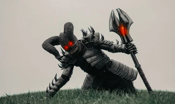 Mutant Warrior Rises Ground Glowing Eyes Mace His Hand Grass — Stock Photo, Image