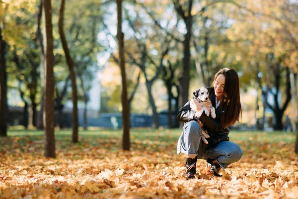 Genç Bir Kadın Sonbahar Parkında Yürürken Dalmaçyalı Köpek Yavrusunu Elinde — Stok fotoğraf
