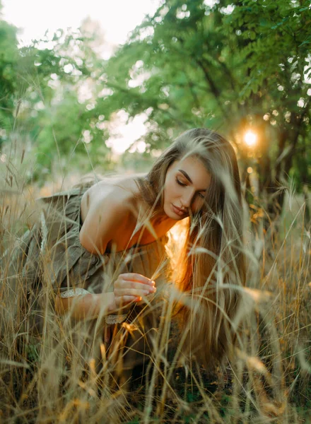 ドレスを着た若い幸せな女性が座っており 日没時に牧草地で楽しんでいます バックライト付き — ストック写真