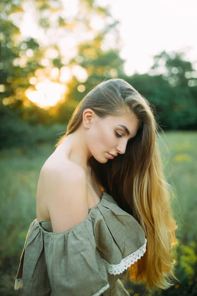 Портрет Молодой Женщины Длинными Волосами Платье Лугу Закате Подсветка — стоковое фото