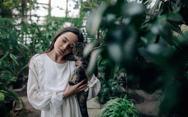 여자가 고양이와 식물들을 배경으로 — 스톡 사진