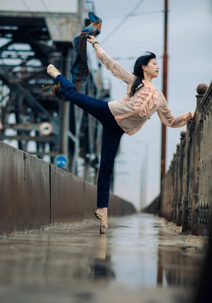 Japanische Ballerina Posiert Auf Der Brücke Vor Dem Hintergrund Von — Stockfoto