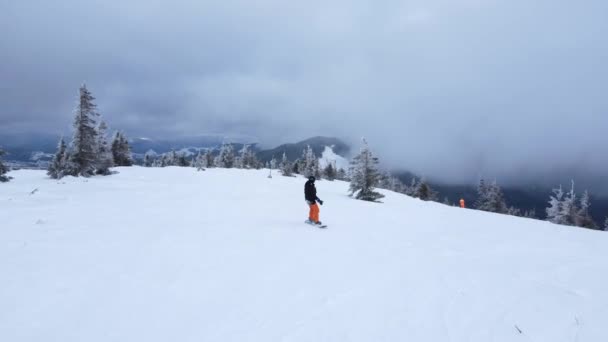 Snowboardcu Kozalaklı Ağaçların Arasında Karlı Yamaçlara Çıkar Bulutların Dağların Arkasına — Stok video