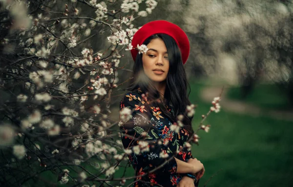 Portrait Young Brunette Woman Beret Spring Blossoming Apricot Trees — Foto Stock