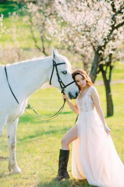 Uzun beyaz elbiseli gelin beyaz atın yanında duruyor ve onu bahar bahçesinde çiçek açan kayısı ağaçlarının arka planında kucaklıyor..