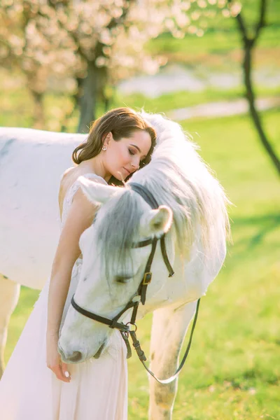 Νύφη Μακρύ Λευκό Φόρεμα Στέκεται Κοντά Στο Λευκό Άλογο Και — Φωτογραφία Αρχείου
