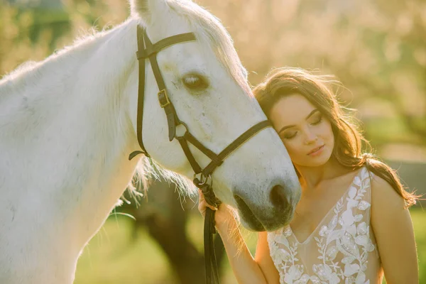Retrato Mulher Vestido Branco Abraçando Cavalo Branco Luz Fundo — Fotografia de Stock