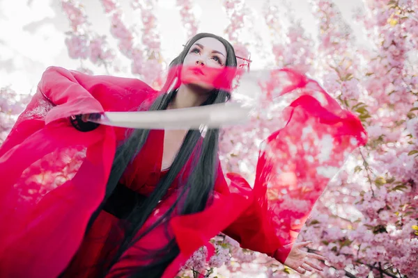Genç Kadın Elinde Japon Samuray Kılıcıyla Geleneksel Kimono Giymiş Geyşayı — Stok fotoğraf