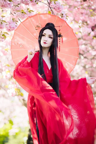 Mujer Joven Imagen Geisha Camina Entre Árboles Sakura Florecientes Vestido — Foto de Stock