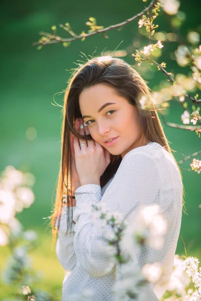 Portrait Jeune Femme Brune Parmi Les Cerisiers Fleurs Printemps — Photo