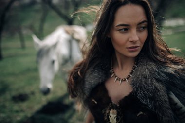 Atının arka planında antik savaşçı Amazon suretindeki kadın portresi.