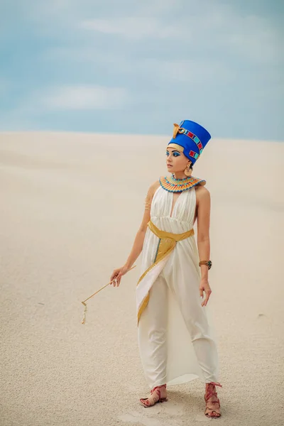 Young Woman Image Ancient Egyptian Queen Nefertiti Stands Sandy Desert — Photo