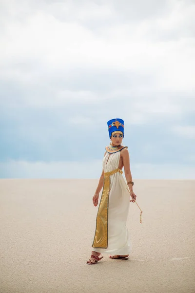 Young Woman Image Ancient Egyptian Queen Nefertiti Walks Sandy Desert — Photo