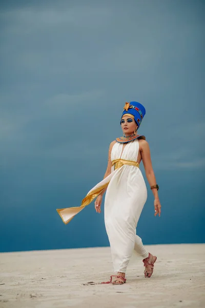 Young Woman Image Ancient Egyptian Queen Nefertiti Walks Sandy Desert — Photo