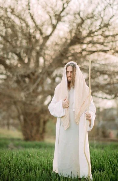 Jezus Christus Met Houten Staf Staat Weide Gekleed Zijn Traditionele — Stockfoto