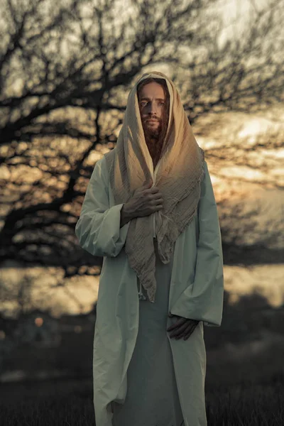 Jézus Krisztus Sétál Réten Öltözött Hagyományos Fehér Köntös Ellen Háttér — Stock Fotó