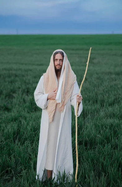 Gesù Cristo Con Bastone Legno Cammina Nel Prato Vestito Della — Foto Stock