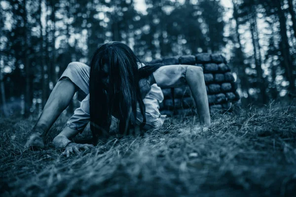 Girl Long Black Hair Image Scary Ghost Zombie Crawls Ground — Stock Photo, Image