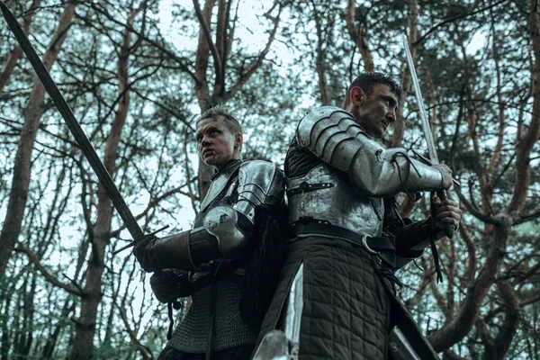 Two medieval warriors knights in chain mail armour stand back to back and defend with raised swords in their hands among forest.