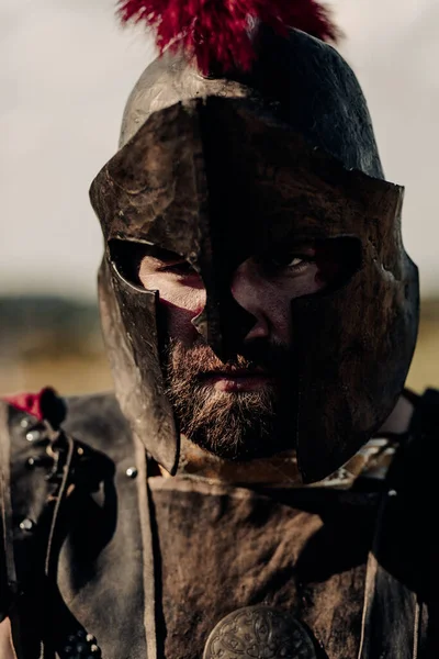 Porträtt Forntida Spartansk Krigare Rustning Hjälm Och Mask — Stockfoto
