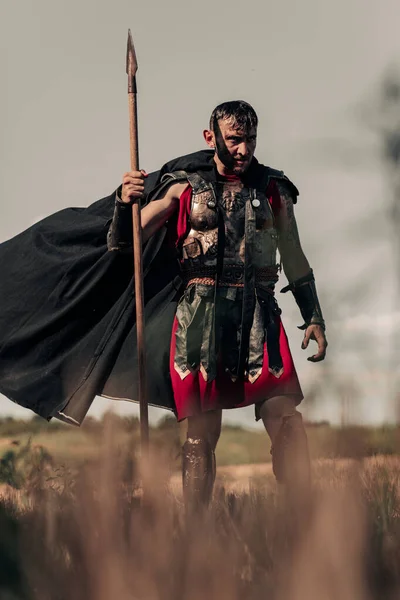 Ancient Spartan Warrior Battle Dress Black Cloak Stands Meadow Spear — Stock Photo, Image