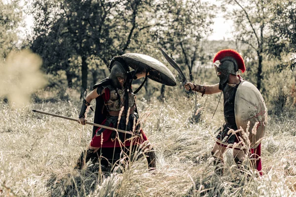 Battle Spear Sword Two Ancient Greek Roman Warriors Battle Dress — Stock Photo, Image