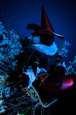 Siyah kostümlü gizemli soytarı karakter ve mavi ve beyaz ışıklı çiçeklerin arasında oturan uzun şapkalı. Dramatik ışıklandırma, karanlık fantezi havası. Cadılar Bayramı karakter teması. Yakın plan..