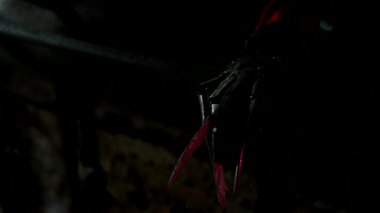 Dnipro, Ukrayna - 4 Ocak 2021: Freddy Krueger karakterinin siyah kazan dairesinde ikonik bıçak eldivenini tehditkar bir şekilde sallarken yakın plan çekimi. Elm Sokağı 'nda Cosplay Kabusu.