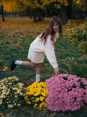 Parkta, yeşil çimlerde, sarı sonbahar ağaçları ve arka planda yaprakları olan parlak pembe kasımpatılara dokunan güzel genç bir kadın..