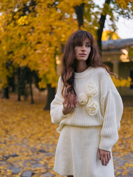 Beyaz örgü süveter ve etek giymiş güzel bir kadının portresi. Parkta duruyor, gözlerini kaçırıyor. Etrafı parlak sarı sonbahar yeşillikleriyle çevrili..