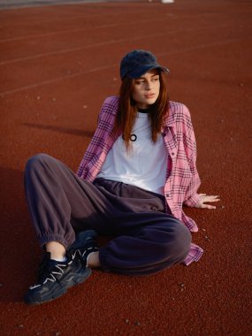 Açık hava spor sahasının kırmızı lastik kırıntıları üzerinde poz veren güzel bir model. Gün batımında stadyum zemininde oturan fanila gömlekli ve eşofmanlı bir kız. Şehir yaşam tarzı. Yüksek açı.