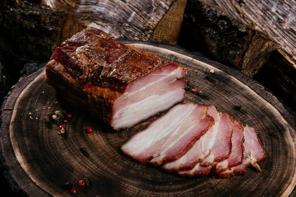 Smoked Lard Bacon Half Piece Wooden Dark Craft Background Top — Stock Photo, Image