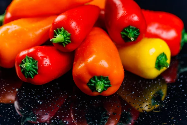 Fresh small bell peppers create a colorful background, a place for copyright. Black background with water splashes.