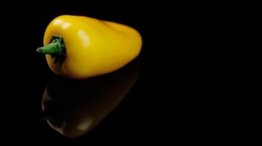 Siyah arka planda dönen sarı dolma biber. Renkli sebzelerle hasat konsepti.