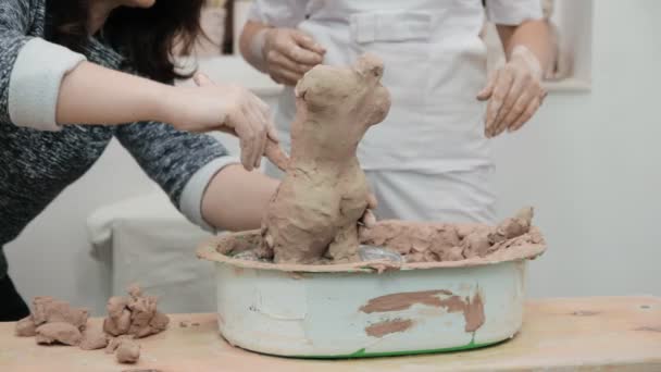Woman working with clay with her hands. Pottery workshop. master class and training. — Stock Video