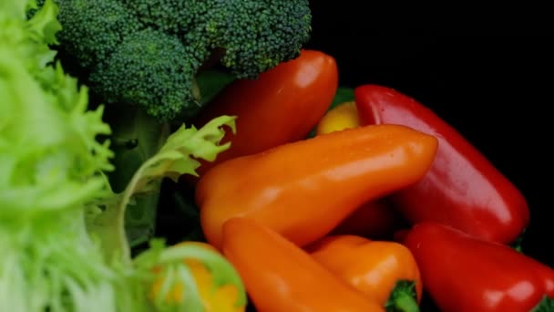 Assiette rotative avec légumes variés comme brocoli poivrons rouges et jaunes et salade verte — Video