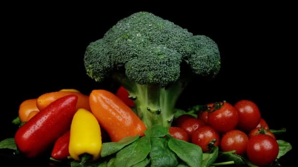 Świeże zielone brokuły pomidory wiśniowe, szpinak, papryka wirująca na czarnym tle. Zakupy, zdrowe odżywianie. — Wideo stockowe