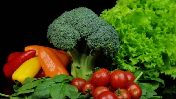 Świeże zielone brokuły pomidory wiśniowe, szpinak, papryka wirująca na czarnym tle. Zakupy, zdrowe odżywianie. — Wideo stockowe