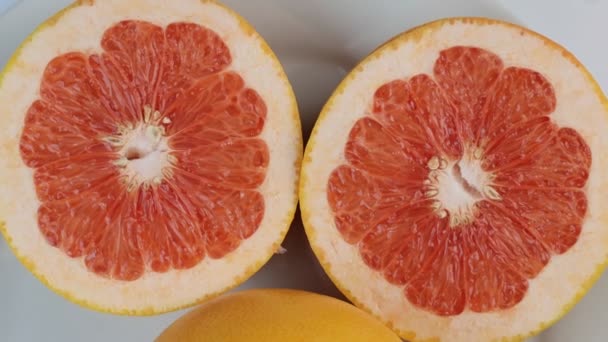 Na bílém pozadí se v kruhu otáčejí napůl grapefruity. Horní pohled. — Stock video