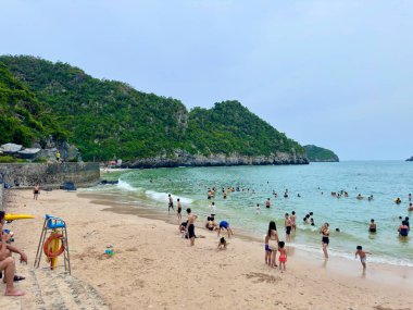 Yüzme deneyimi yaşayan ve Cat Ba Adası 'nın güzel beyaz kumsalında oynayan turistler. Birçok aile ve çocukla dolu hareketli atmosfer kireçtaşı dağlarının eteğindeki berrak mavi suyun tadını çıkarıyor. Flamingo Kedi Ba Plajı