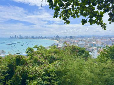 Pattaya sahil şehrinin şiirsel manzarası serin yeşil ağaç dalları ve yaprakları arasında belirdi. Yüksek açılı manzara kısmen yapraklarla kaplı. Mavi sahili ve uzaktaki yüksek binaları vurgulayan doğal bir çerçeve oluşturuyor..