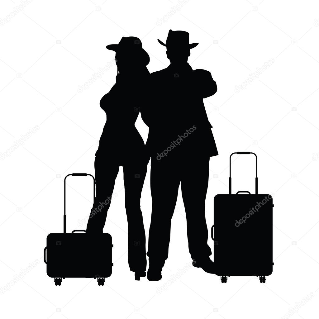 カップルは旅行バッグ イラスト シルエット黒 — ストックベクター
